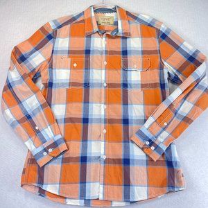 ESPRIT Mens 30 Slim Orange Blue Plaid Button Down Shirt Tab Back Long Sleeve